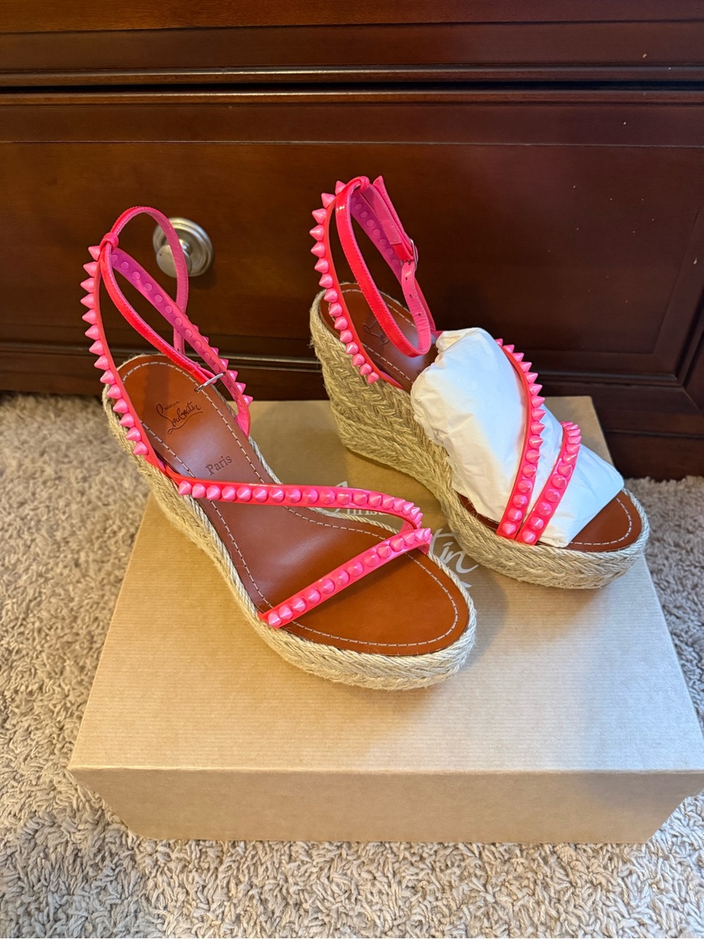 Christian Louboutin Neon Pink Studded Espadrille Wedge Sandals
